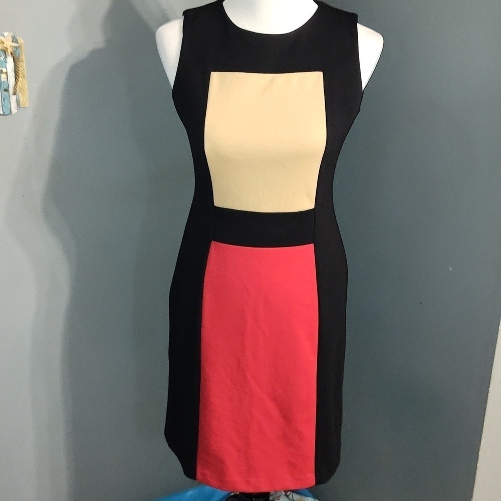 Calvin Klein mod sheath dress black red tan Size4
